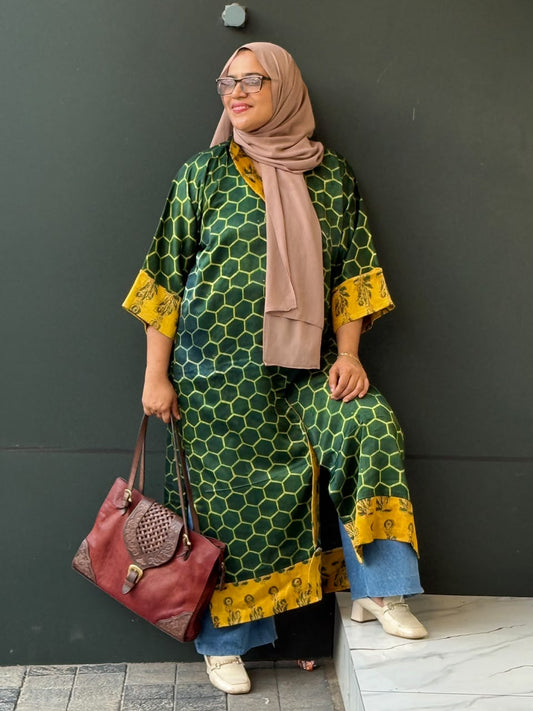Honey Comb Design Mushroom Silk Shirt Kaftan