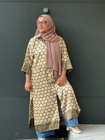 Honey Comb Design Mushroom Silk Shirt Kaftan