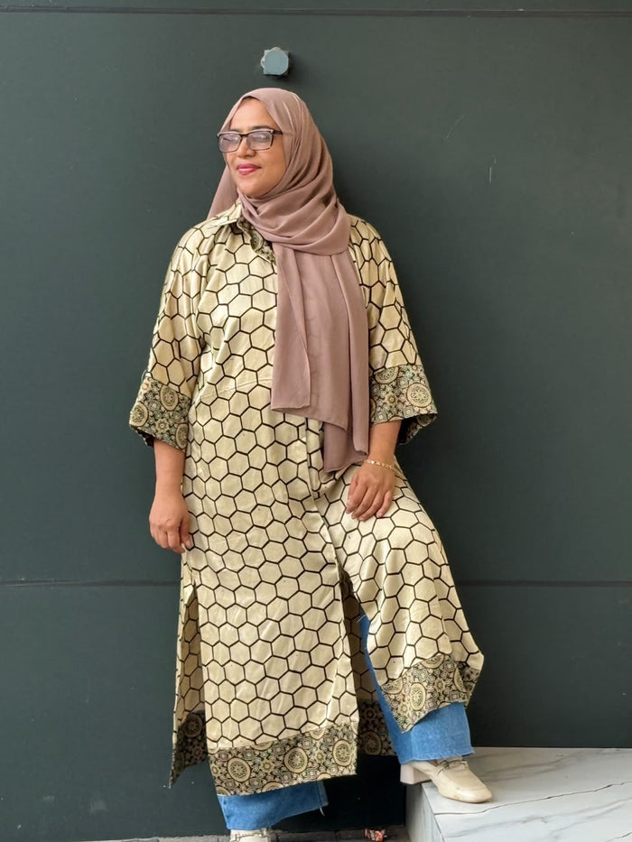 Honey Comb Design Mushroom Silk Shirt Kaftan